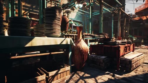 Market Front with Stacked Boxes and Shadowed Pavement Atmosphere