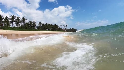 Ocean wave breaks over the sandy beach