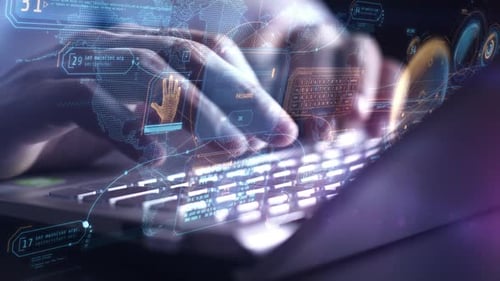 Futuristic HUD and Data Overlay on Hands Typing on Laptop