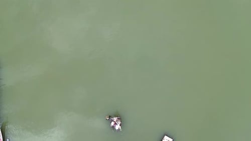 Aerial view of Fisherman catching fish with net on the lake