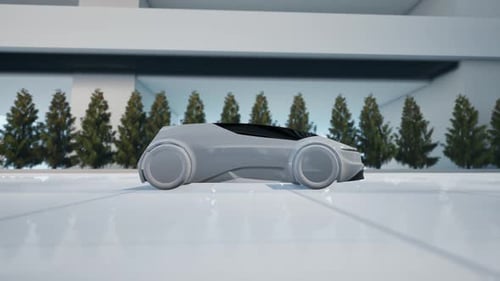 Futuristisches Konzeptauto fährt nachts durch die Neon Cyberpunk City Street