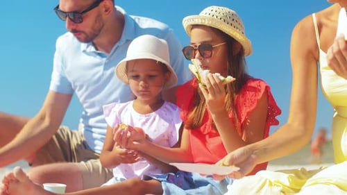 Family enjoys beach picnic on sunny day