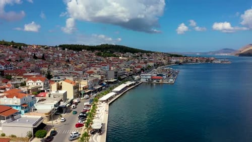 Aerial drone video of Argostoli (Argostolion), famous city and capital of Cefalonia (Kefalonia) isla