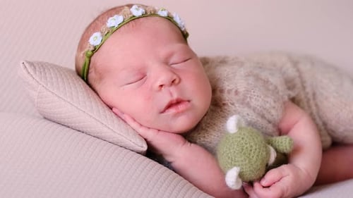 Sleeping Fair-Haired Newborn Baby with Toy
