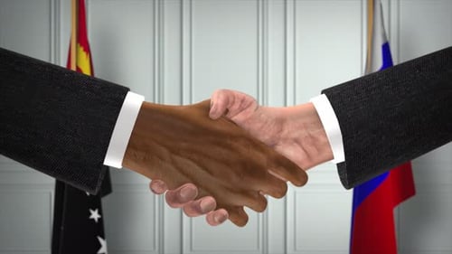 Papua-Neuguinea und Russland verhandeln Handschlag, politische Illustration. Offizielles Treffen oder Zusammenarbeit