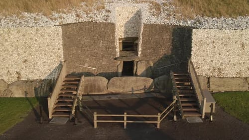 Wooden Stairs At The Entrance of Newgrange In County Meath, Ireland. - aerial shot