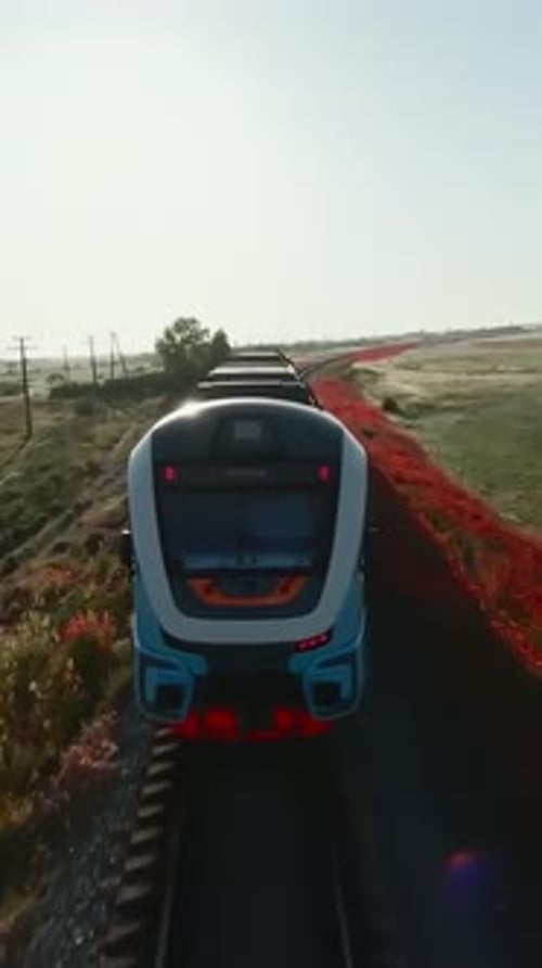Passenger Train Traveling Through Rural Landscape by Rail