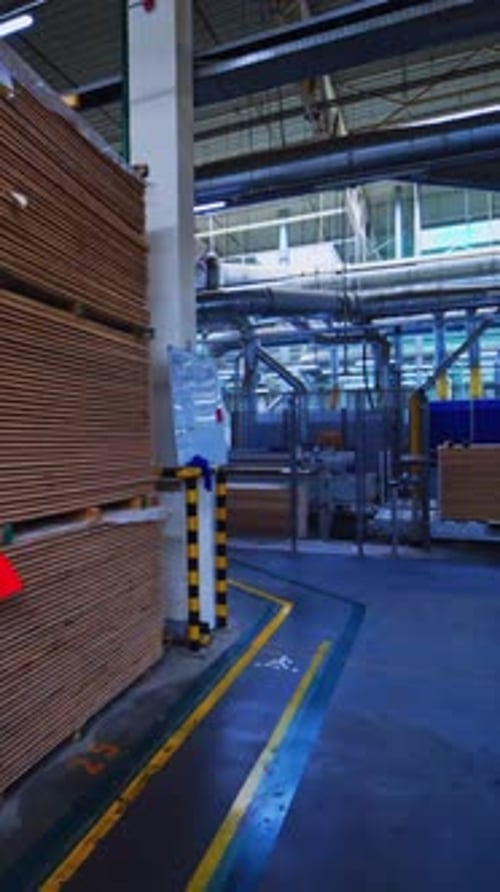 Almacén con variedad de maderas. Moderna sala de producción y almacenamiento con madera producida