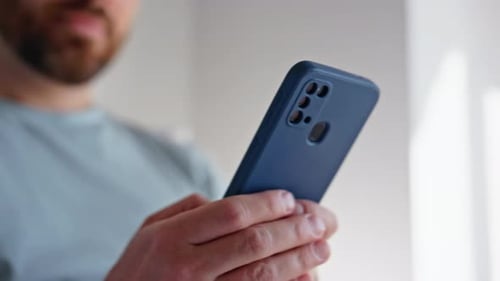 Morning Man Hands Typing Mobile Phone Indoor Closeup Cheerful Guy Texting