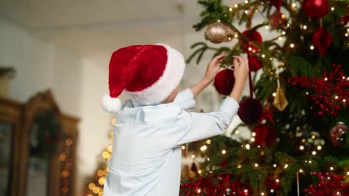 Child Decorating Christmas Tree at Home