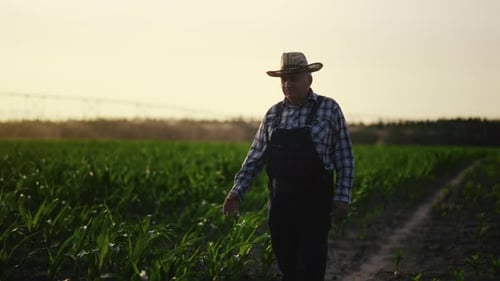 Farmer Walking Through Cornfield at Sunset Inspecting Crops