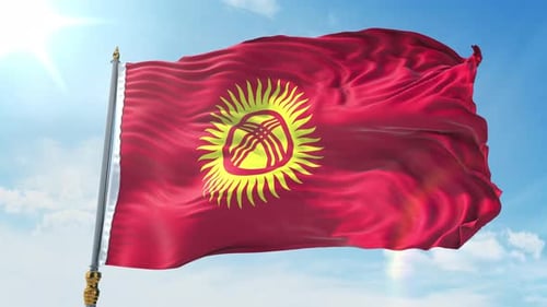 Realistic Waving Kyrgyzstan Flag Animation Against Blue Sky