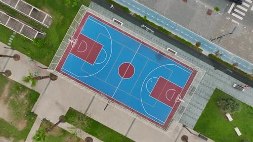 Aerial View Blue Basketball Court Near the Beachfront in Antalya