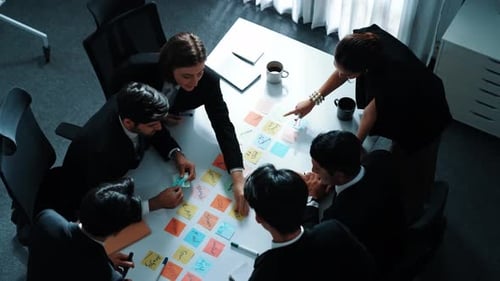 Top view of executive manager discuss and choose marketing idea. Directorate.