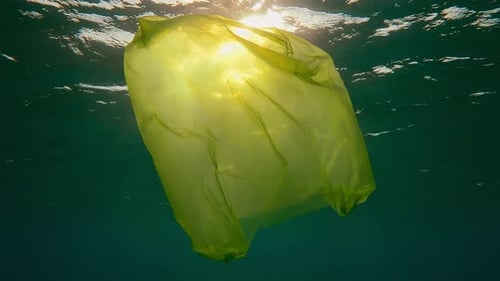 La bolsa de plástico amarilla desechable se desplaza lentamente por debajo de la superficie del agua bajo los brillantes rayos del sol al atardecer