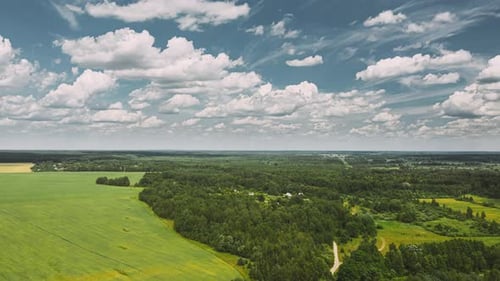 Sky With Clouds On Horizon Above Rural Landscape Young Green Wheat Field Spring Agricultural Green