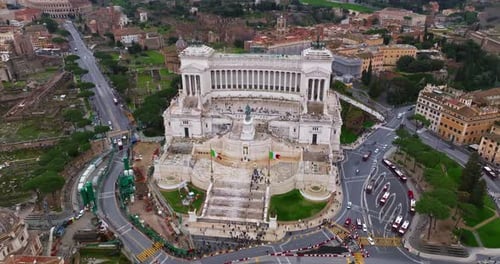 Aerial View of the National Monument to Victor Emmanuel II in City of Rome Establishing Shot of the
