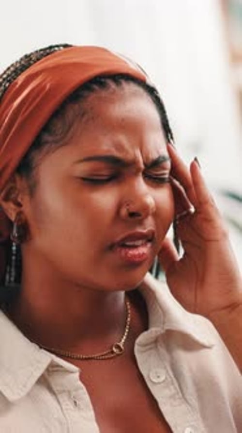 Woman, student and massage headache at house with brain fog, vertigo and stress of university debt
