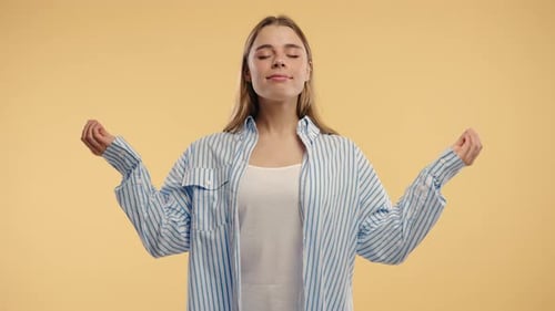 Tranquil Woman Relaxing Meditating Refuses Stress Young Lady Breathes Deeply Calms Down Beige Studio