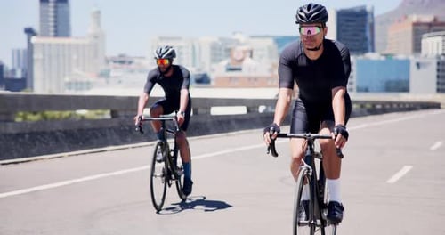 Athletes, cycling and men on bicycle, city and cardio for competition on road, wellness and journey