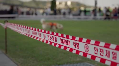 Une scène de mise en garde La présence d'un ruban adhésif de danger enveloppant une zone verte lors d'un rassemblement public