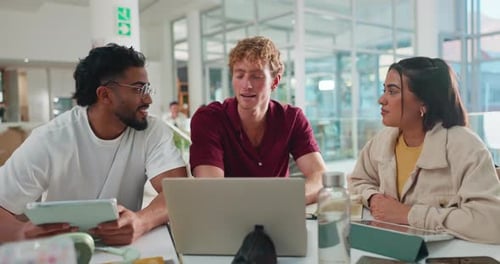 Laptop, university and study group for learning, education or brainstorming thesis