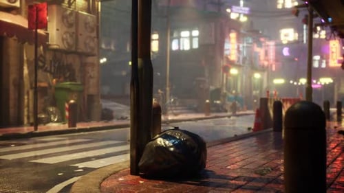 Quiet Rainy Night on a Desolate City Street with Colorful Neon Lights