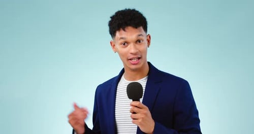 Reporter, face and news, man with microphone with broadcast and live stream isolated on blue