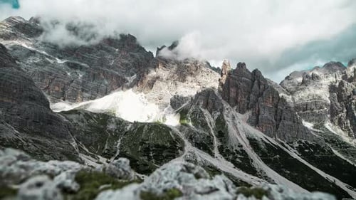 Breathtaking Dolomite Peaks Clouds Embrace Majestic Rocky Mountain Landscape Scenery