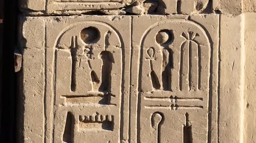 Ancient Egyptian Hieroglyphs and Basreliefs Closeup in Luxor Temple