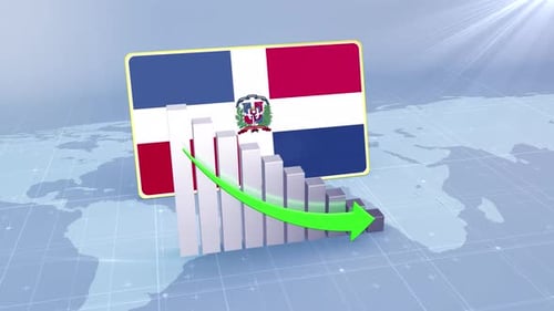 Dominican Republic Flag With Decrease Bar Chart Graph And Arrow Green