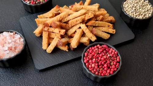 Croûtons ou craquelins à base de pain de seigle à l'ail, au sel et aux épices. Croûtons au sel