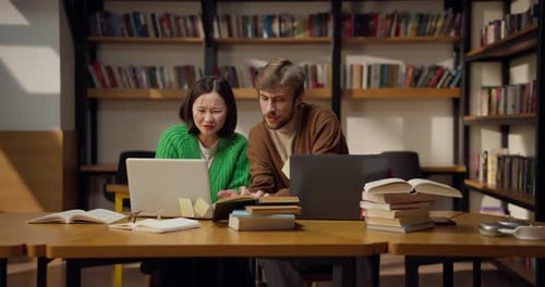 Une fille brune essaie de trouver une solution à un problème avec son collègue, un gars