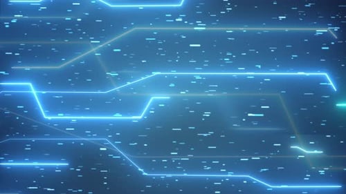 Rhythmic Data Motion on CPU Loop and Circuit Board Surfaces Blue Background with Lines and Dots