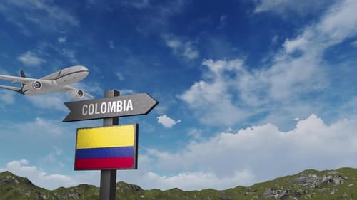 Colombia Flag With Airplane And Arrow Sign