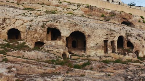 Aerial view of the two thousand year old rock tombs. Roman Rock Tombs. Sanlıurfa. 4K. 2.