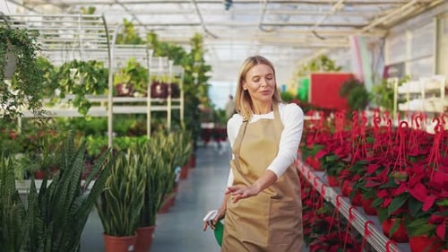 Woman Sprays Plants in Sunny Greenhouse