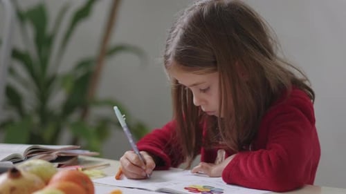 Young Girl Drawing and Writing at Desk Indoors