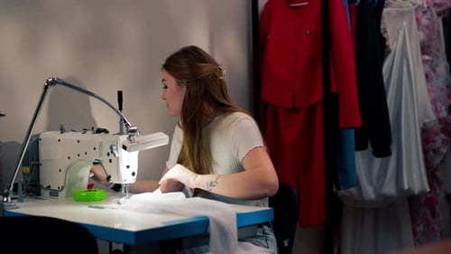 in the Sewing Workshop Young Girl Works with a Sewing Machine and White Fabric