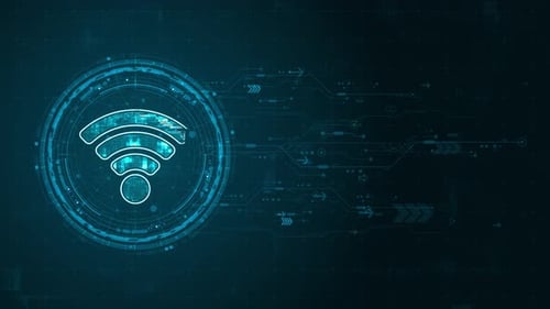 Blue digital WIFI logo and circle futuristic HUD elements with flowing arrows with data transfer