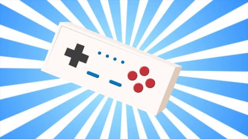 Animated Retro Video Game Controller on Sunburst Background