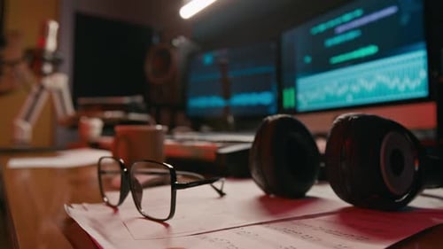 Sheet Music and Glasses on Desk in Studio during Recording Session