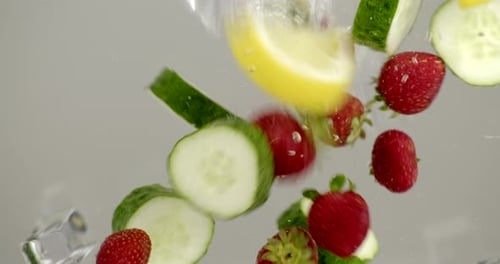 Cucumber, Lemon, Strawberries Falling into Water