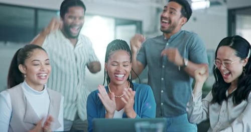 Happy, applause or business people dance for company success growth, partnership