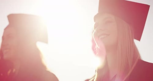 Graduation, college and students at university with sunrise for ceremony