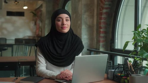 Smiling Female Businesswoman Portrait Muslim Islamic Girl Hijab Arabian Woman Happy Student in Cafe