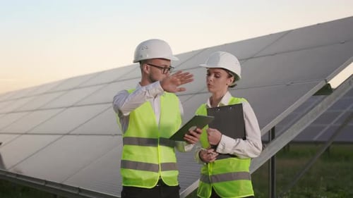 Two Engineers and Technician Working Together at Solar Farm