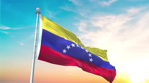 Venezuela Flag Waving Against a Vibrant Sky Background