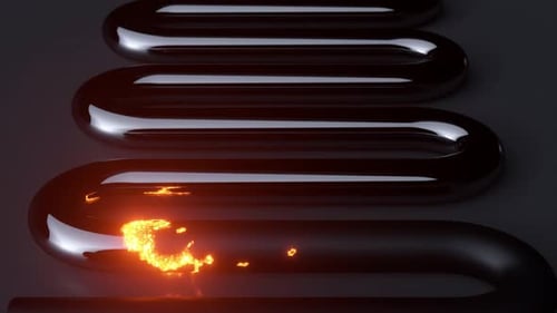 Un brillante fuego de neón se mueve a lo largo de un tubo curvo, convirtiendo una superficie brillante en una superficie mate