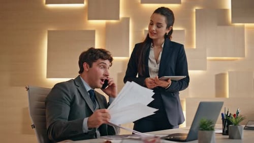 Excited Office Workers Rejoicing Win Doing Great Job Calling Man Woman Success